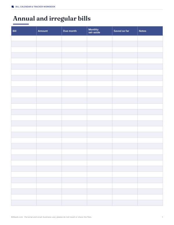 Preview of Annual Bills Planner Printable