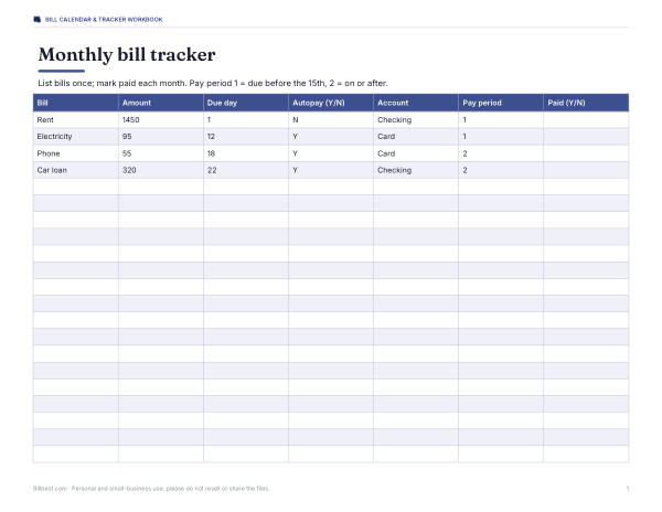 Preview of Printable Bill Tracker