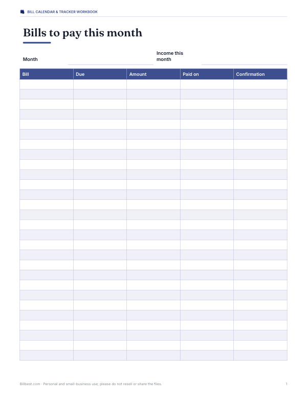 Preview of Printable Monthly Bill Checklist