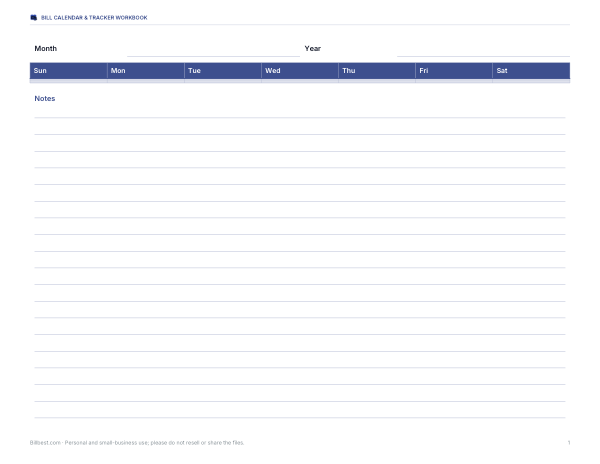 Preview of Printable Bill Calendar Grid